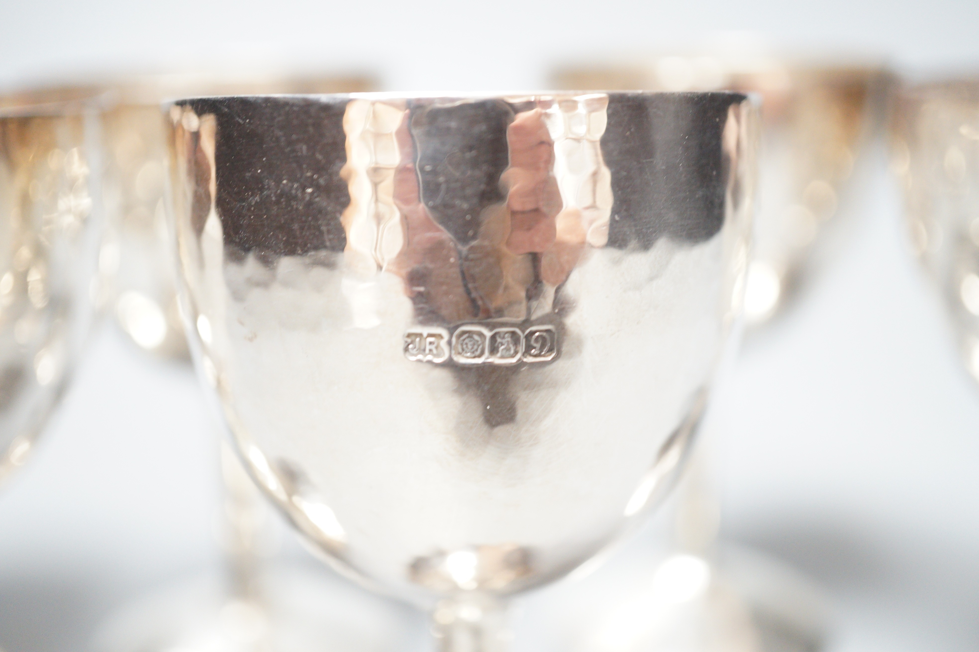 A matched set of six modern silver goblets, maker JR, London, 1978(4 Brittania standard) and 1984(2), height 10.6cm, weighted.